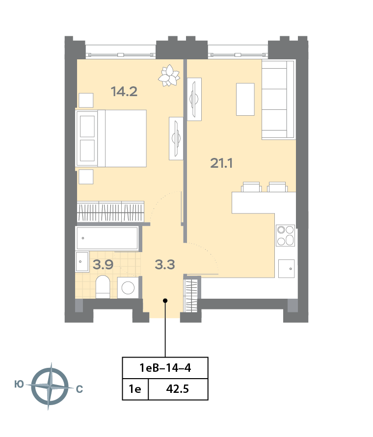 Планировка 1-комн, 42.6 м²
