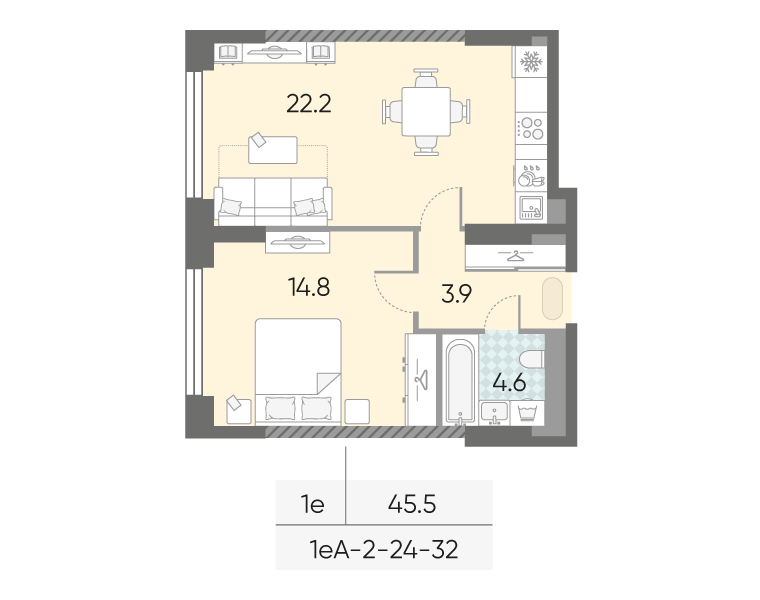 Планировка 1-комн, 45.5 м²
