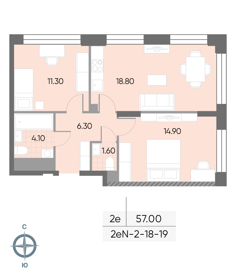 Планировка 2-комн, 57 м²