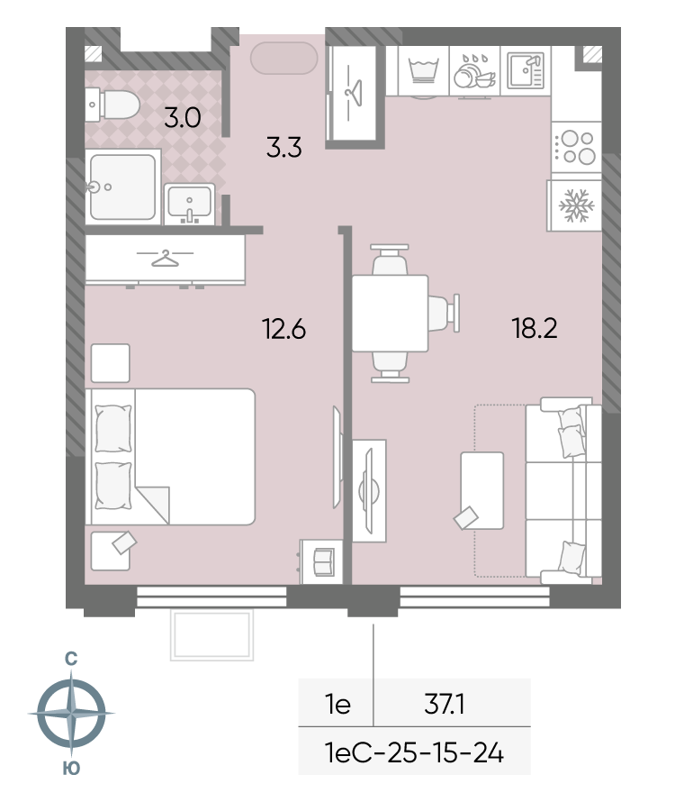 Планировка 1-комн, 37.1 м²