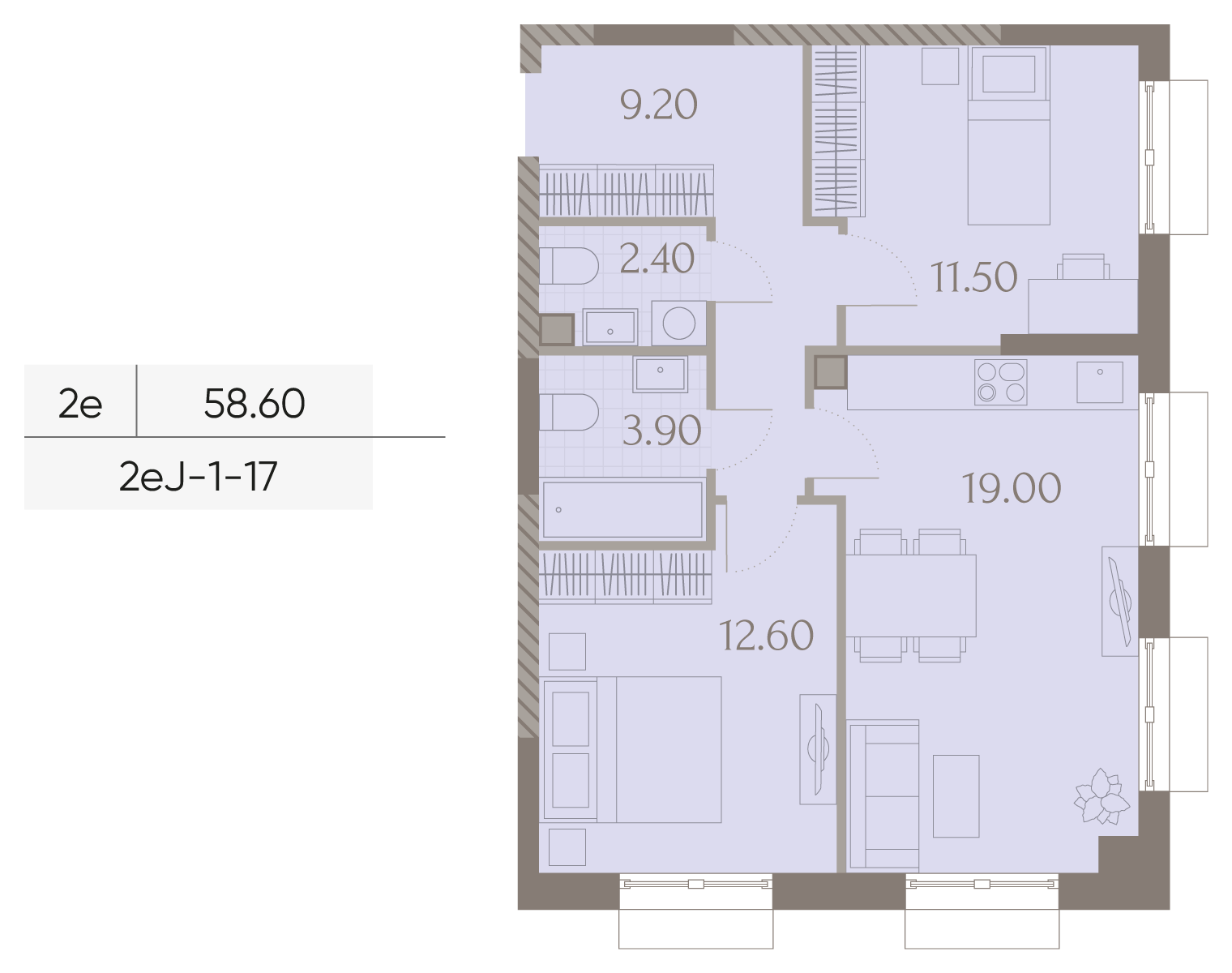 Планировка 2-комн, 58.6 м²