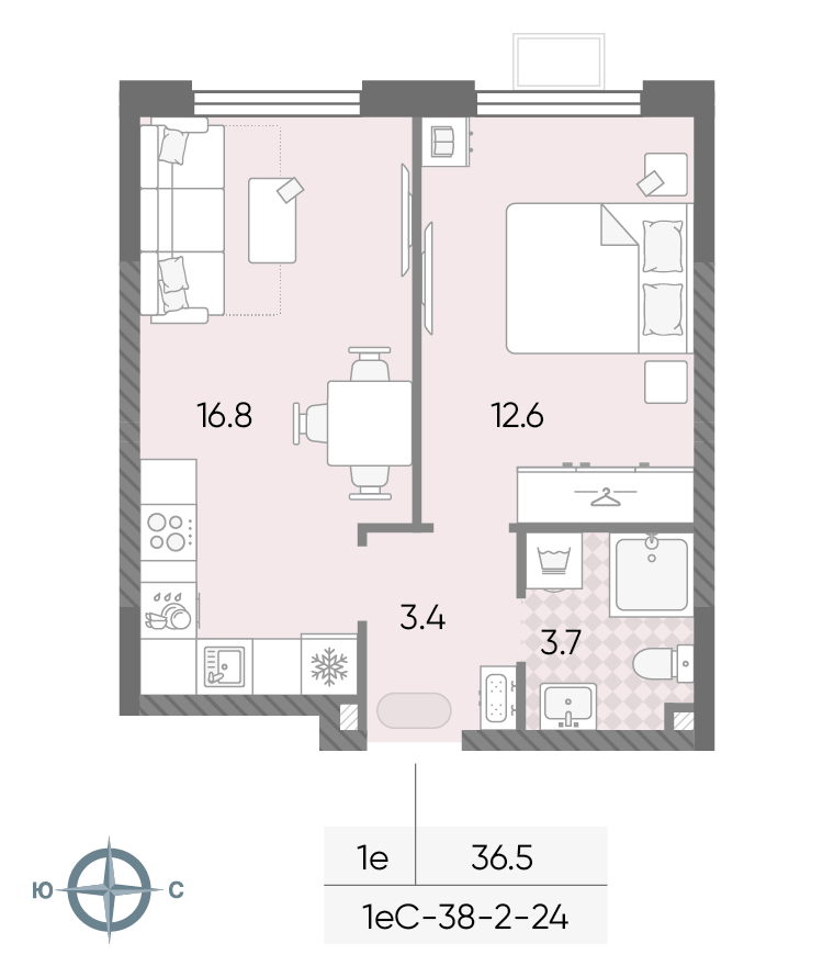 Планировка 1-комн, 36.5 м²