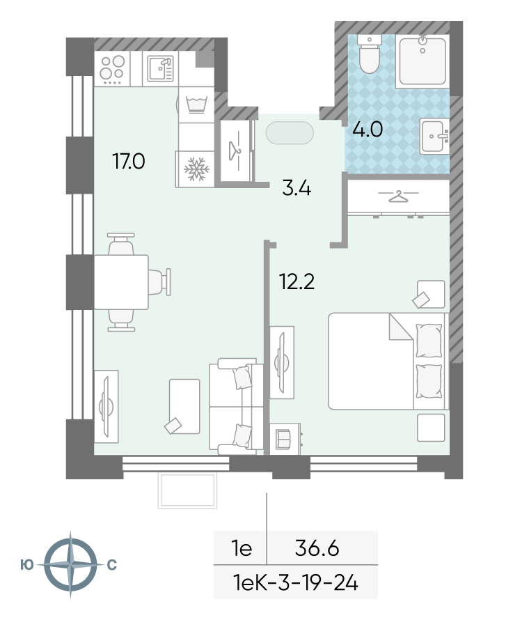 Планировка 1-комн, 36.4 м²
