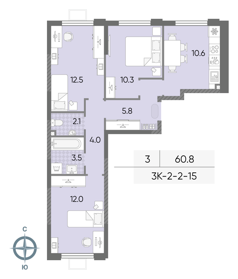 Планировка 3-комн, 60.8 м²