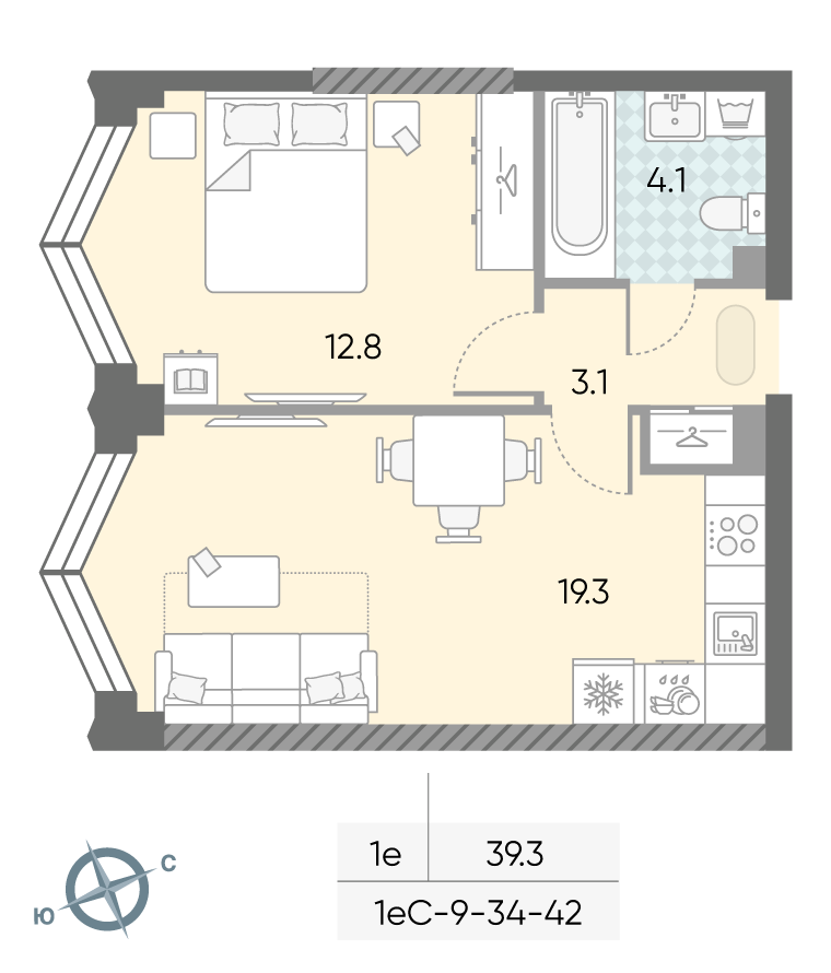 Планировка 1-комн, 39.3 м²