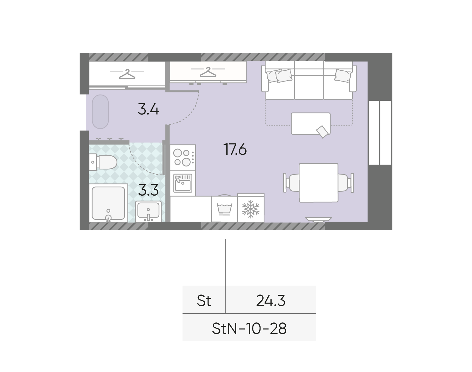 Планировка Студия, 24.3 м²