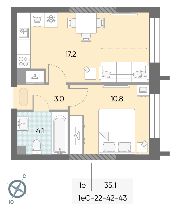Планировка 1-комн, 35.1 м²