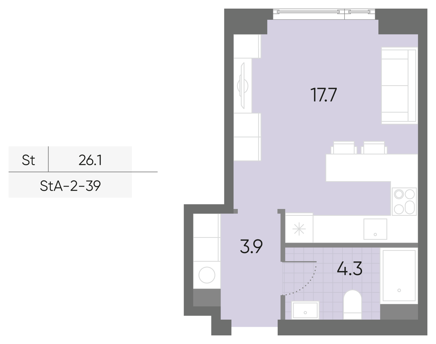 Планировка Студия, 26.1 м²