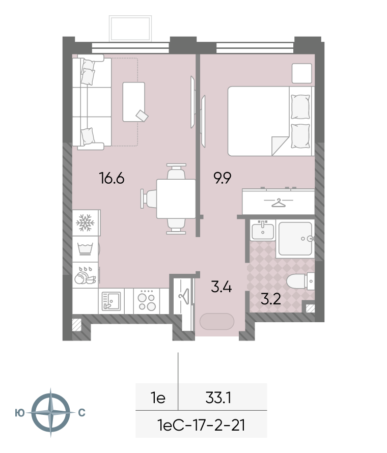 Планировка 1-комн, 33.1 м²