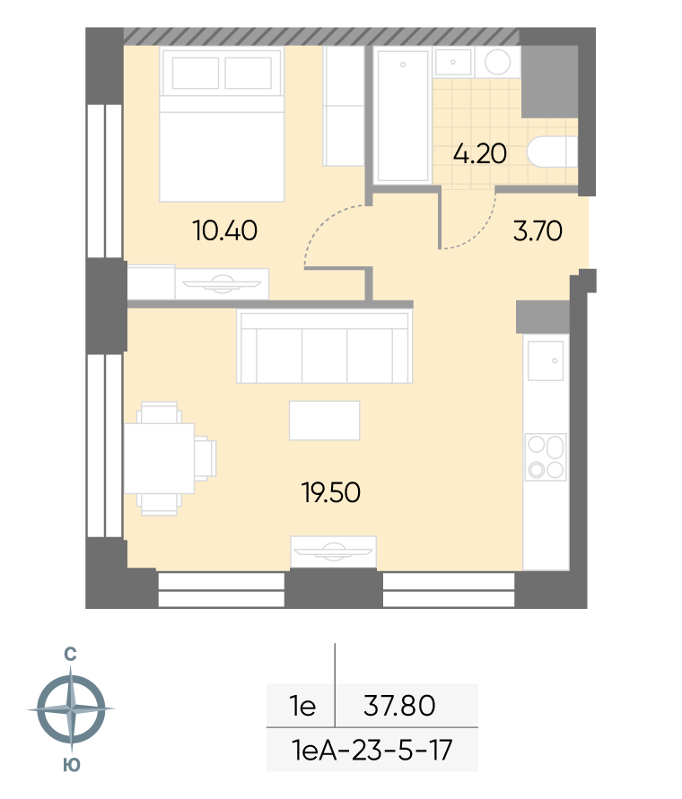 Планировка 1-комн, 37.8 м²