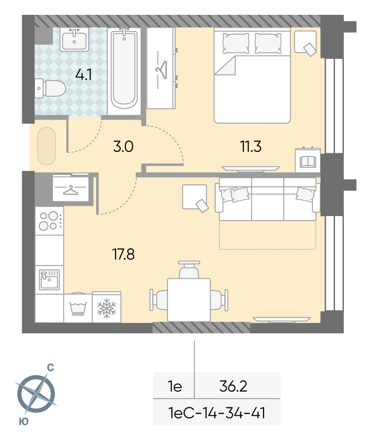Планировка 1-комн, 36.2 м²