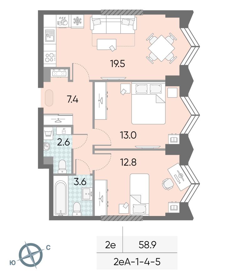 Планировка 2-комн, 58.9 м²