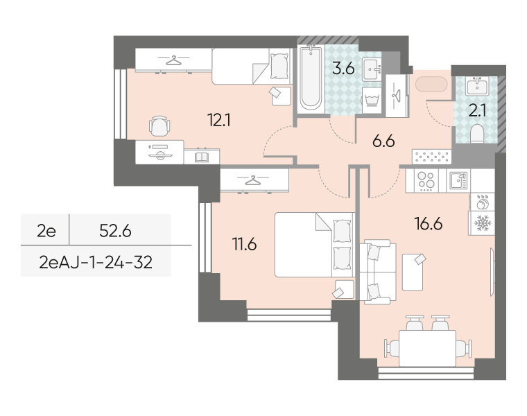 Планировка 2-комн, 52.6 м²
