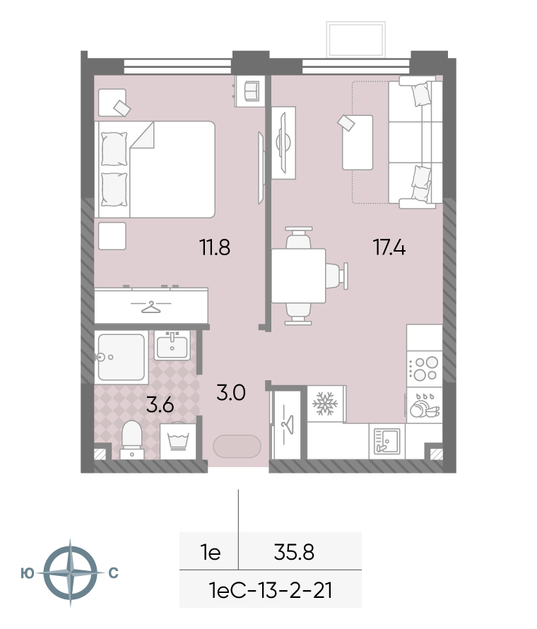 Планировка 1-комн, 35.8 м²