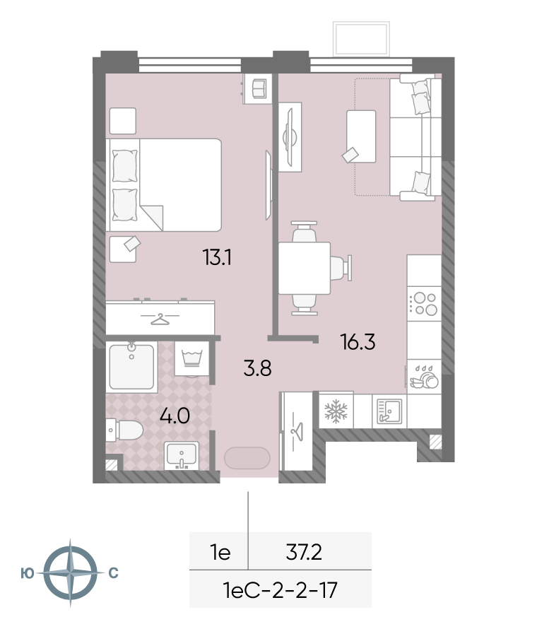 Планировка 1-комн, 37.2 м²