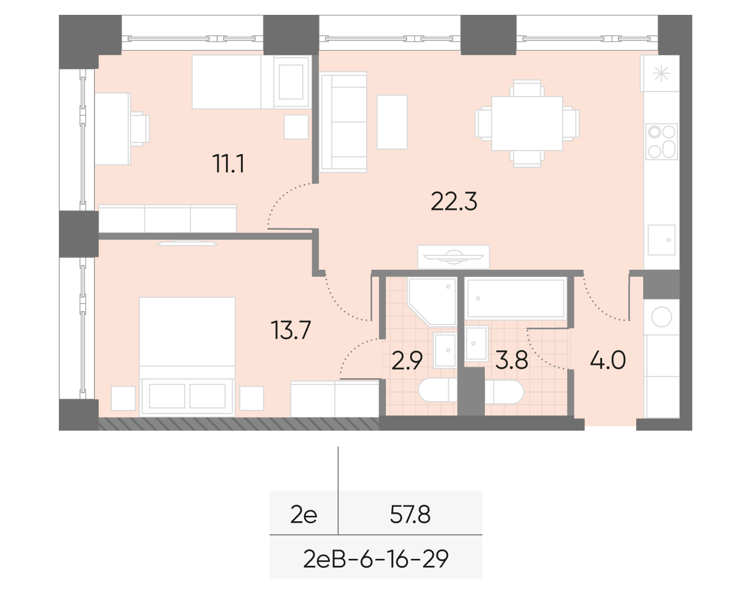 Планировка 2-комн, 57.8 м²