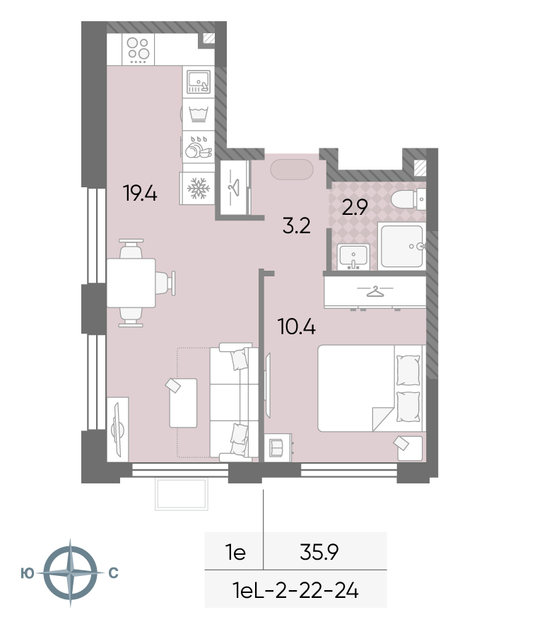 Планировка 1-комн, 35.9 м²