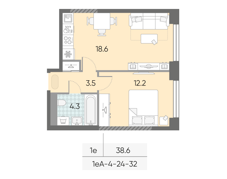 Планировка 1-комн, 38.6 м²