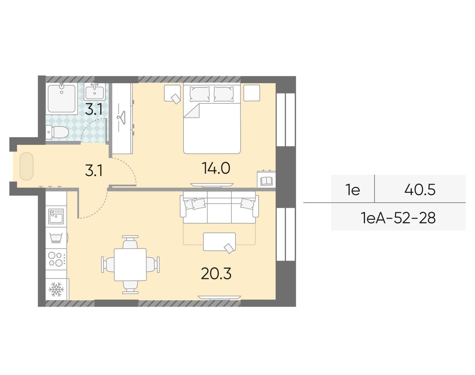 Планировка 1-комн, 40.5 м²