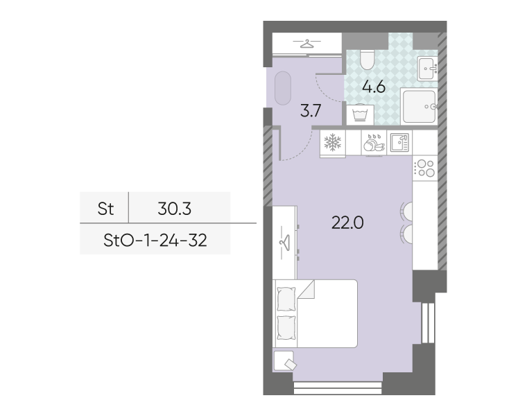 Планировка Студия, 30.3 м²