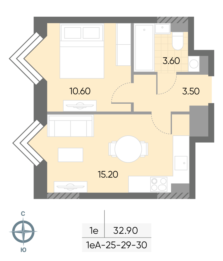 Планировка 1-комн, 32.9 м²