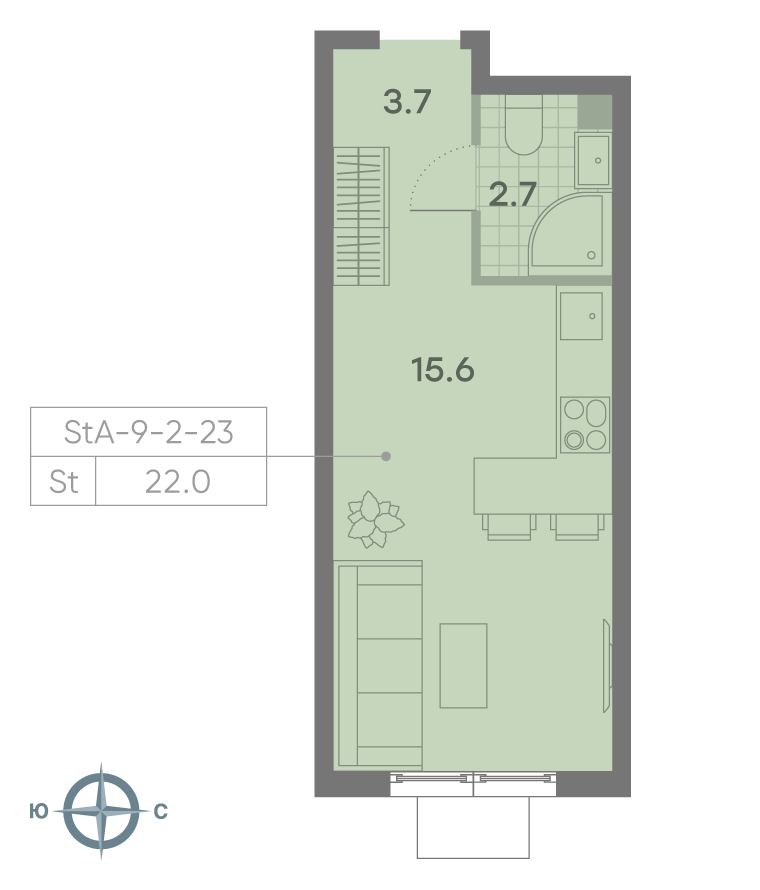 Планировка Студия, 21.7 м²