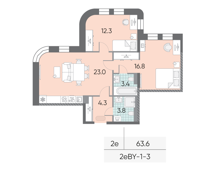 Планировка 2-комн, 63.6 м²