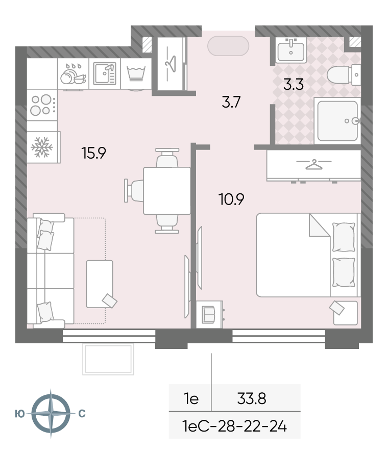 Планировка 1-комн, 33.8 м²