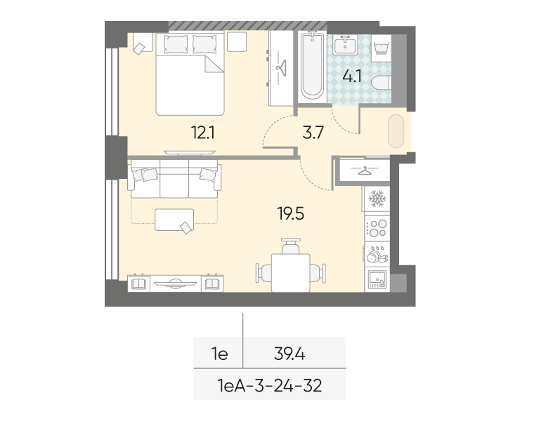 Планировка 1-комн, 39.4 м²
