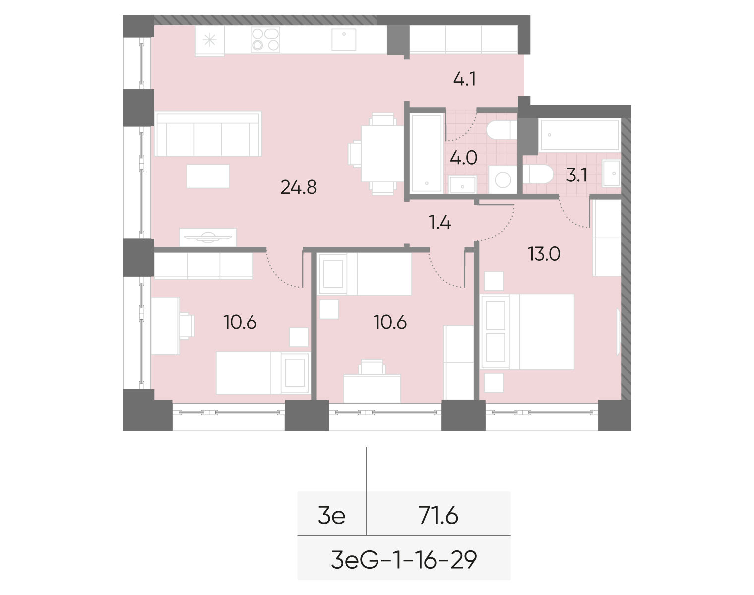 Планировка 3-комн, 71.6 м²
