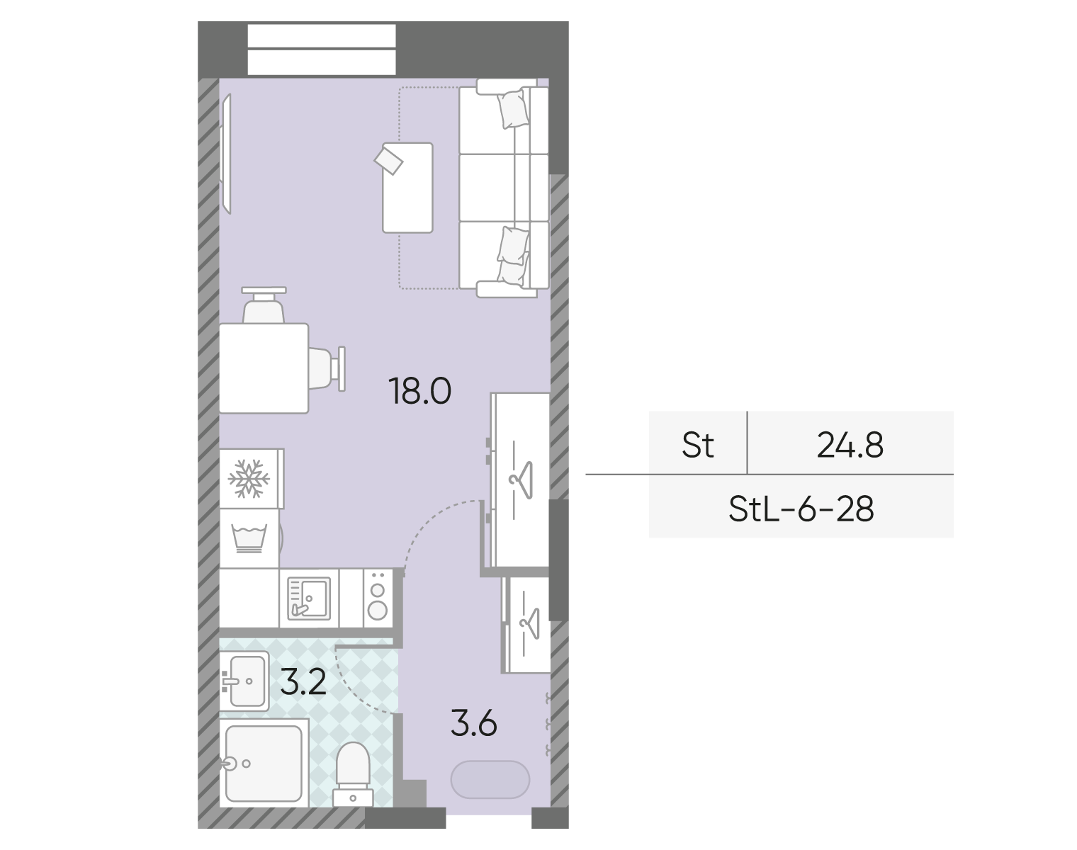 Планировка Студия, 24.8 м²