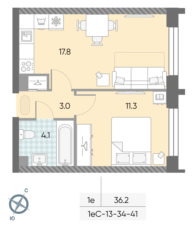 Планировка 1-комн, 36.2 м²
