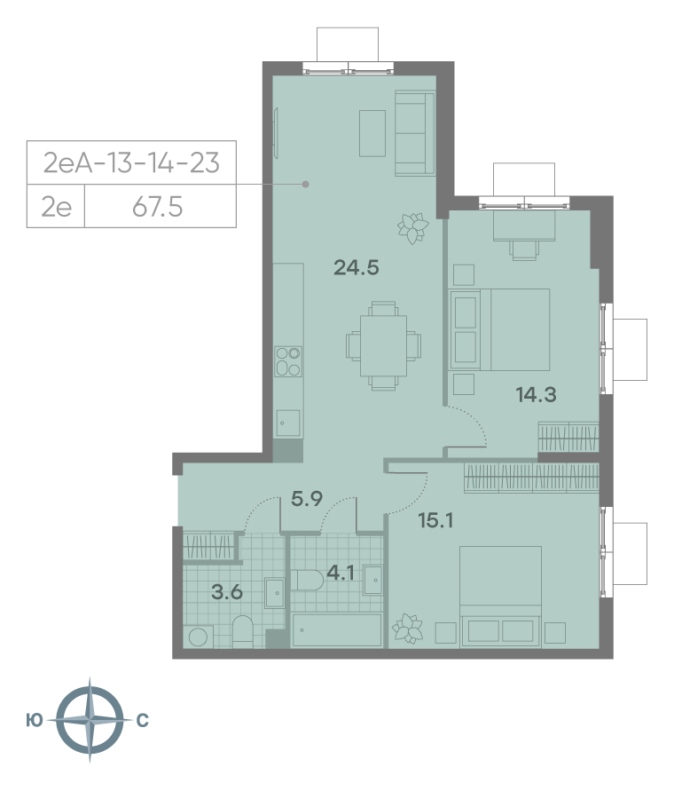 Планировка 2-комн, 67.6 м²
