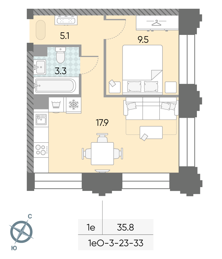 Планировка 1-комн, 35.8 м²