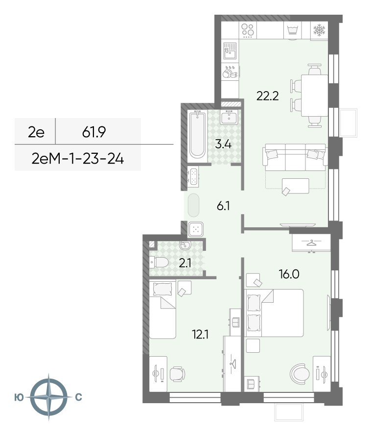 Планировка 2-комн, 61.9 м²