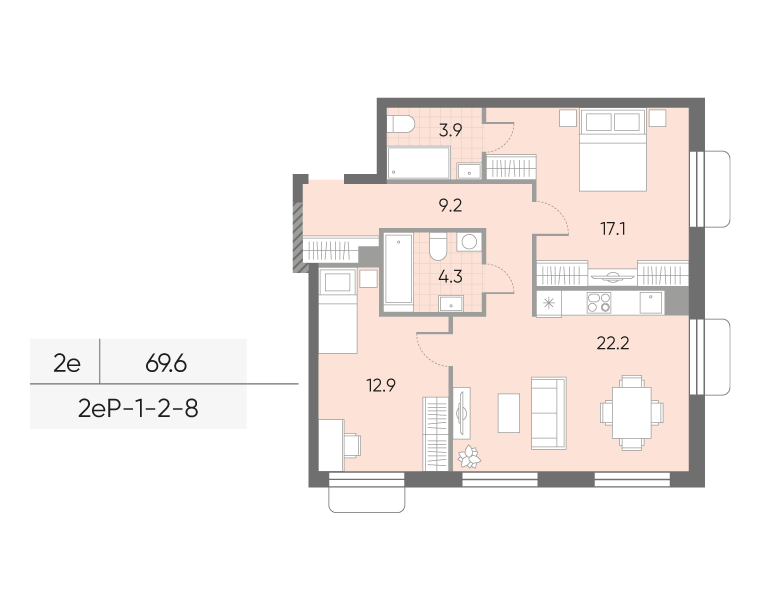 Планировка 2-комн, 69.6 м²