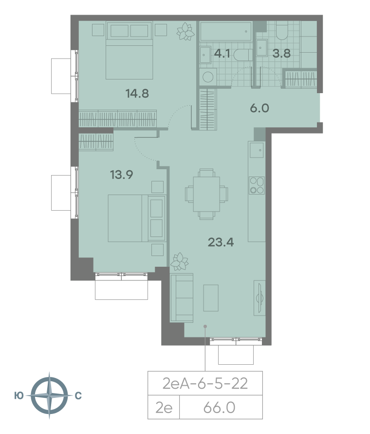 Планировка 2-комн, 66 м²