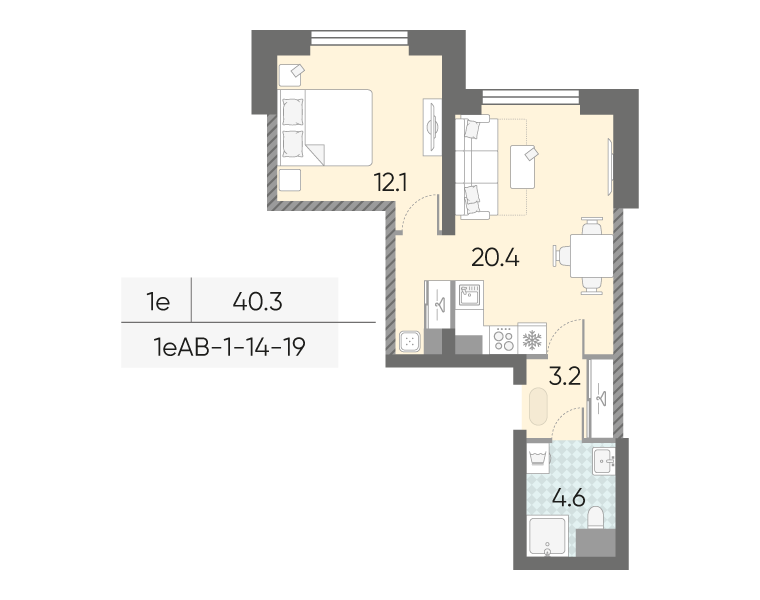 Планировка 1-комн, 40.3 м²