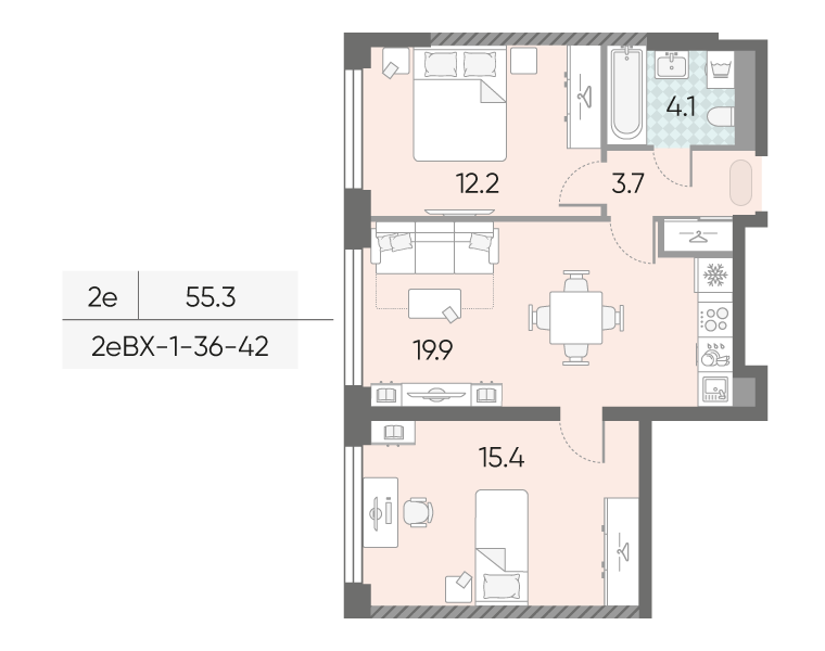 Планировка 2-комн, 55.3 м²