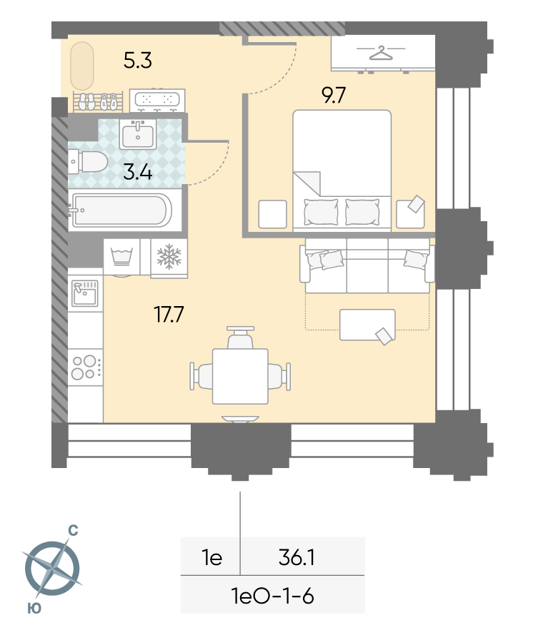 Планировка 1-комн, 36.1 м²