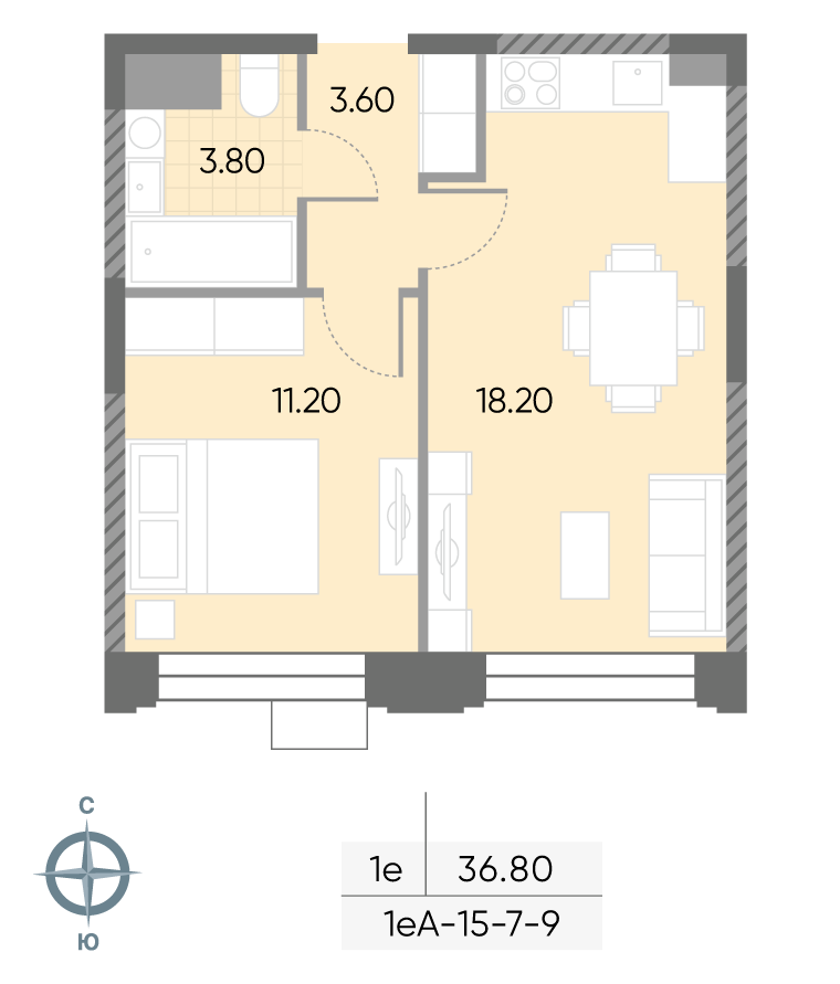 Планировка 1-комн, 36.8 м²