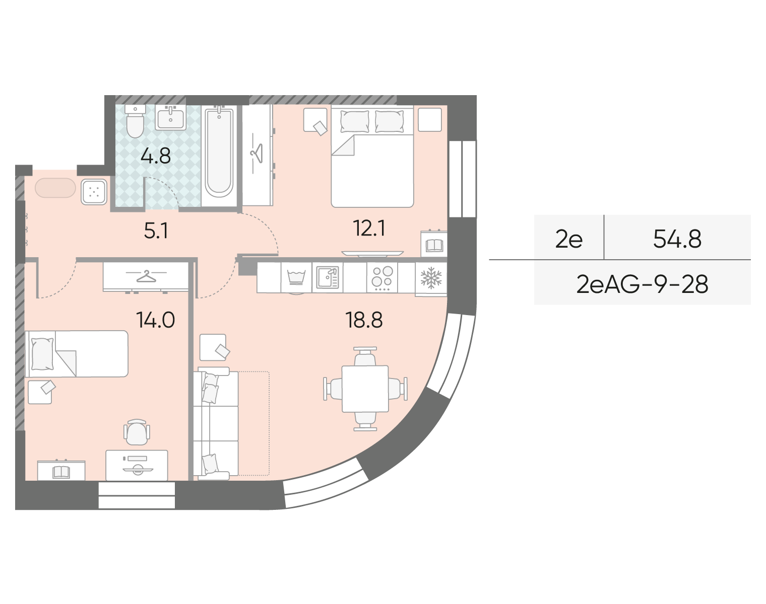 Планировка 2-комн, 54.8 м²
