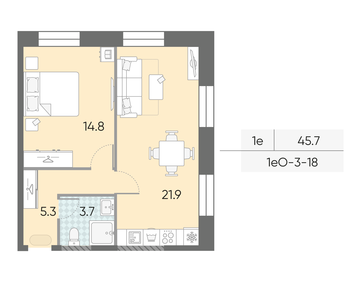 Планировка 1-комн, 45.7 м²