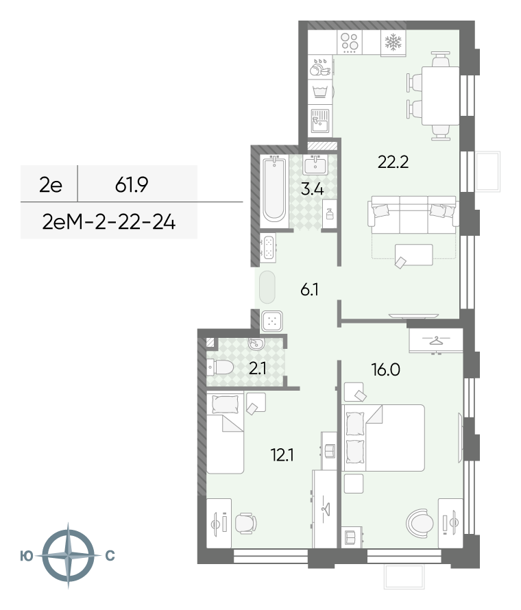 Планировка 2-комн, 61.9 м²