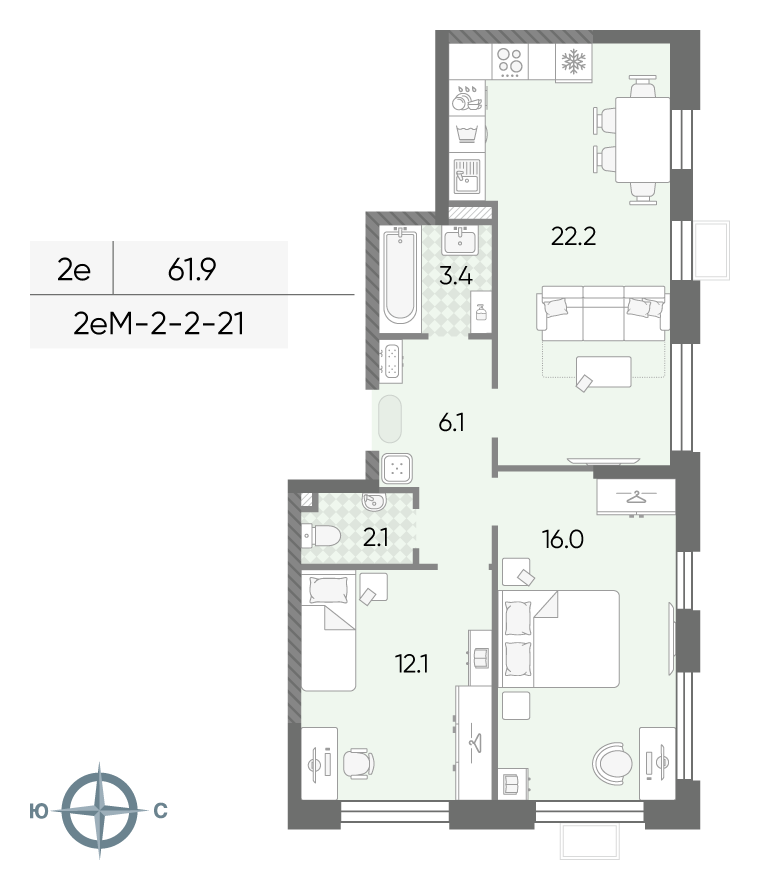 Планировка 2-комн, 61.9 м²