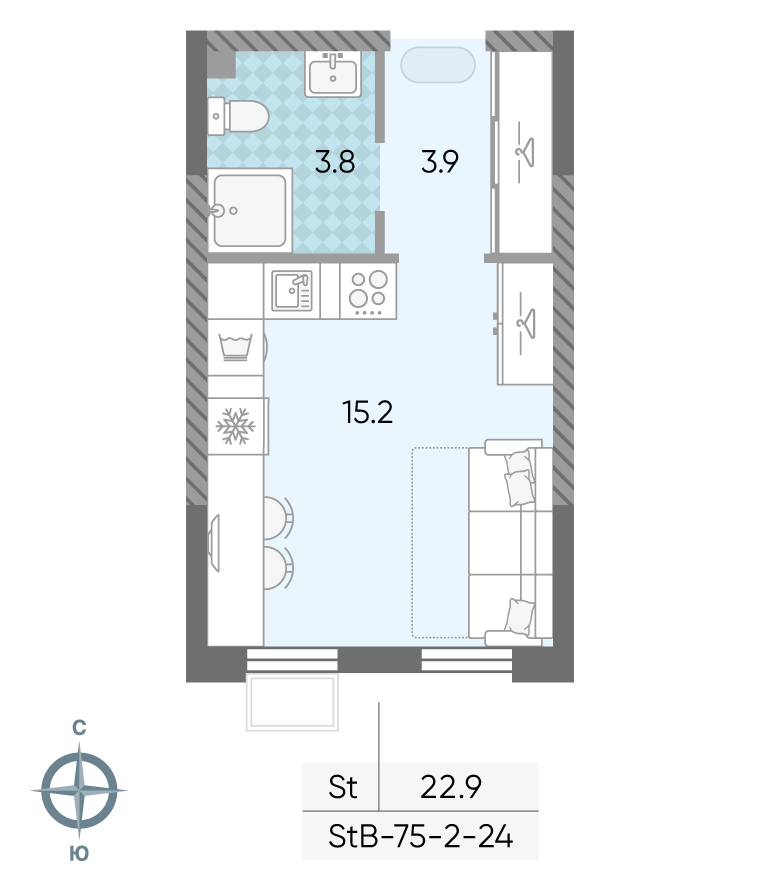 Планировка Студия, 22.9 м²