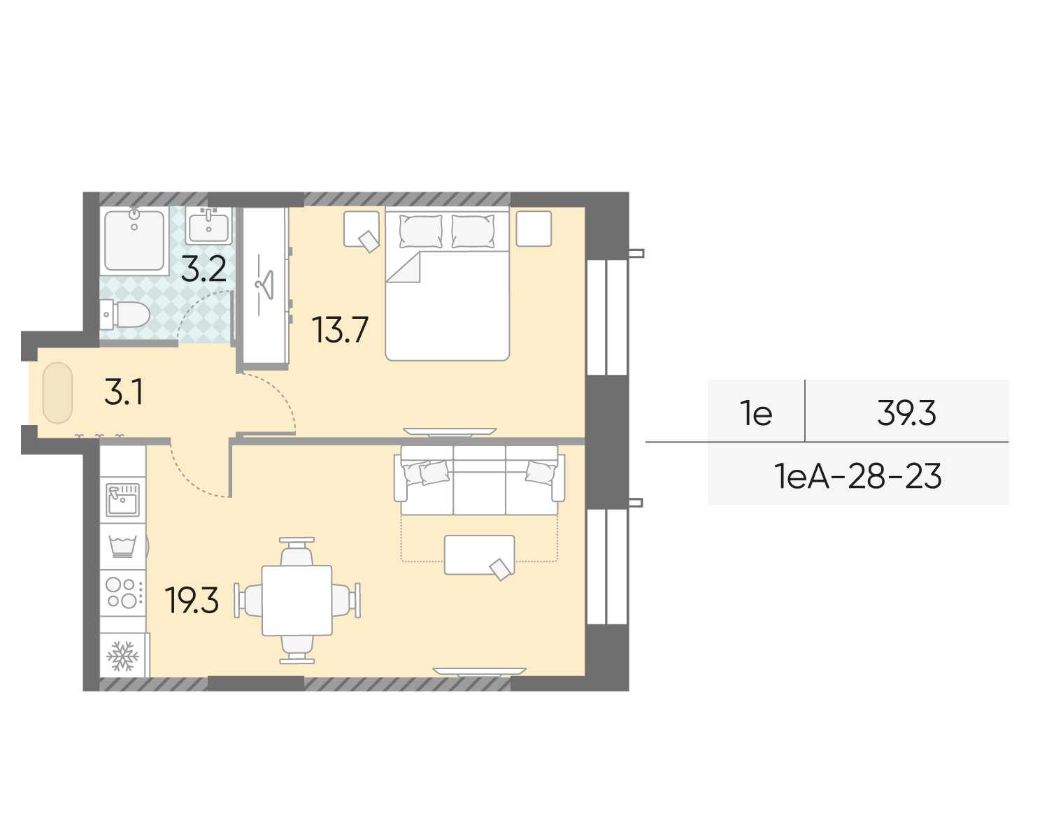 Планировка 1-комн, 39.3 м²