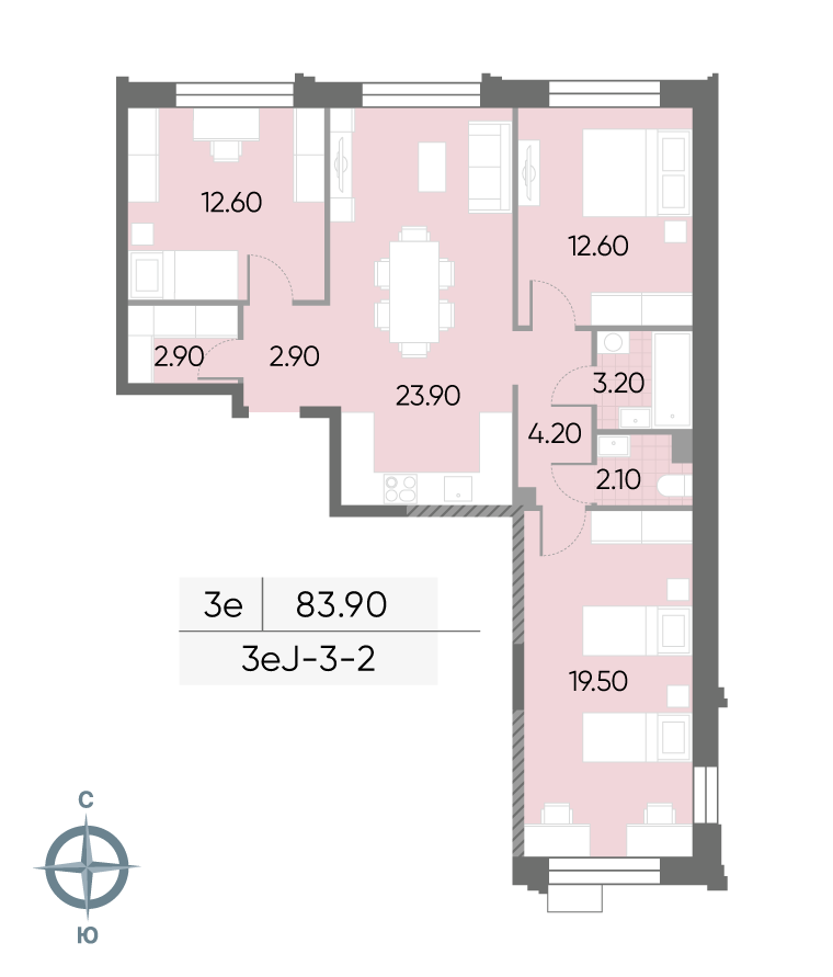 Планировка 3-комн, 83.9 м²