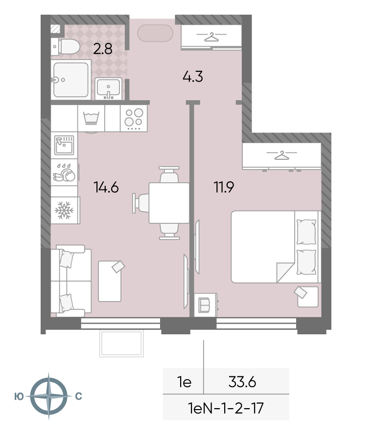 Планировка 1-комн, 33.6 м²