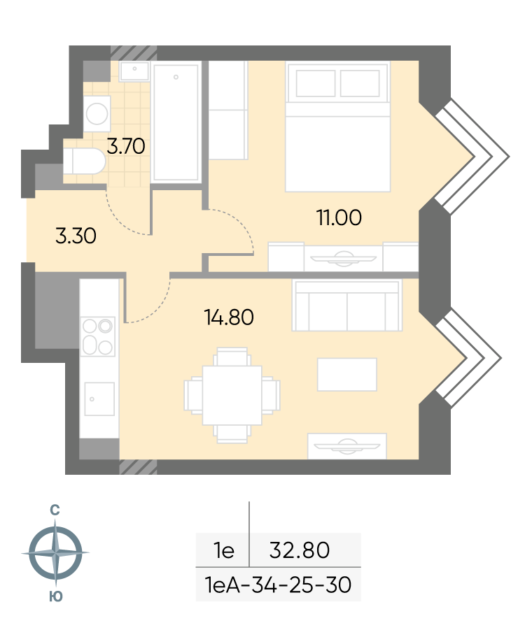 Планировка 1-комн, 32.8 м²